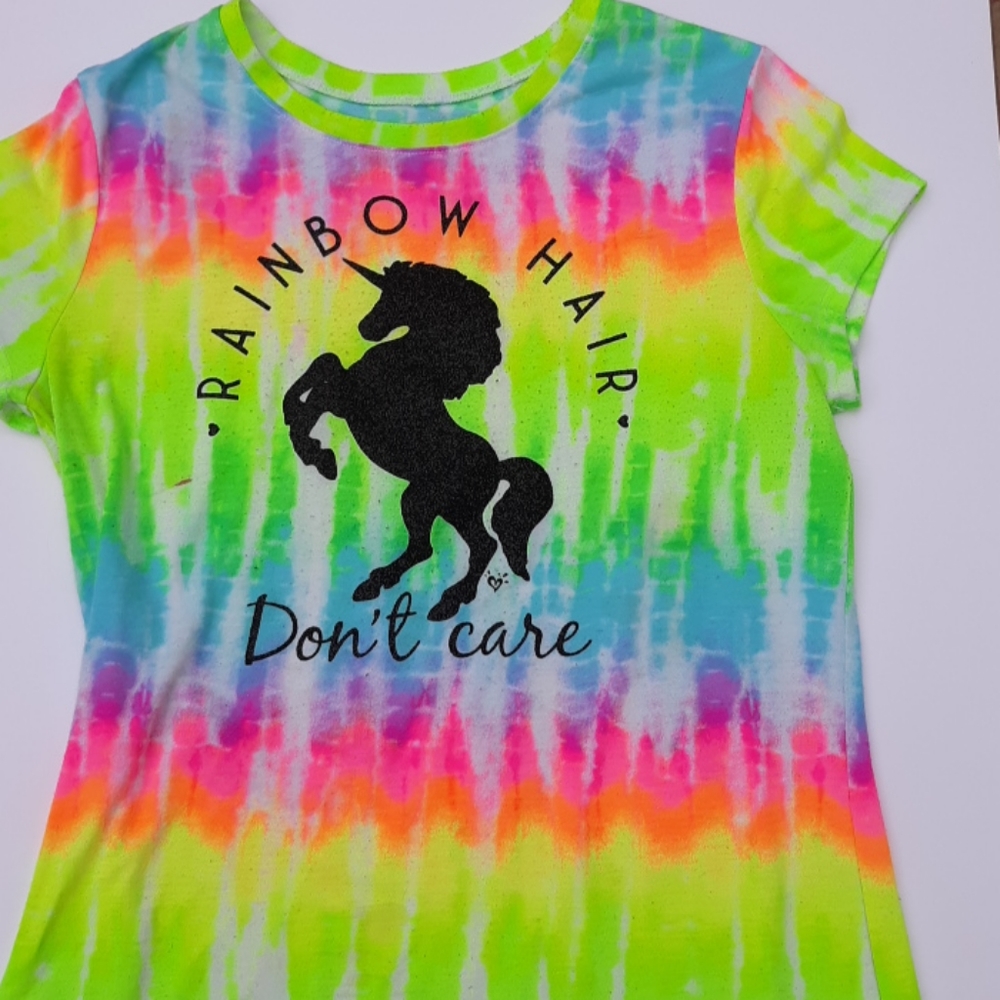 A rainbow hair don't care unicorn tie dye shirt